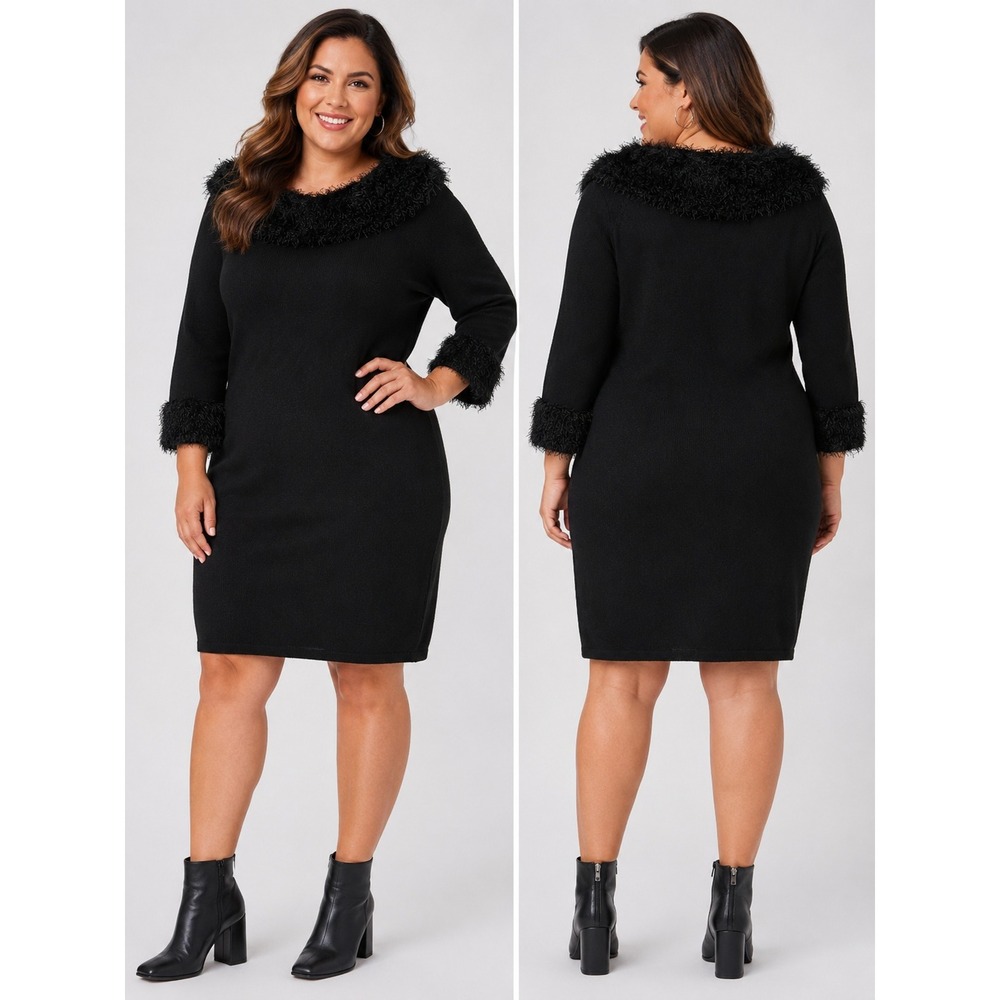 Black Knit Faux Fur Trim Sweater Dress Sz. L Eyelash Party Cocktail Chic Classic